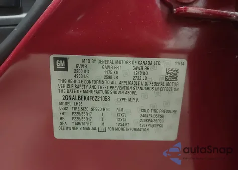 2015 Chevrolet Equinox 1Lt z USA, uszkodzony, nr VIN 2GNALBEK4F6221058